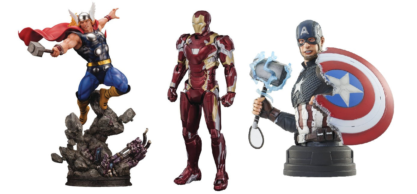 Marvel Comics and MCU statues, busts, action figures and collectibles of Thor, Iron Man, Captain America and more.