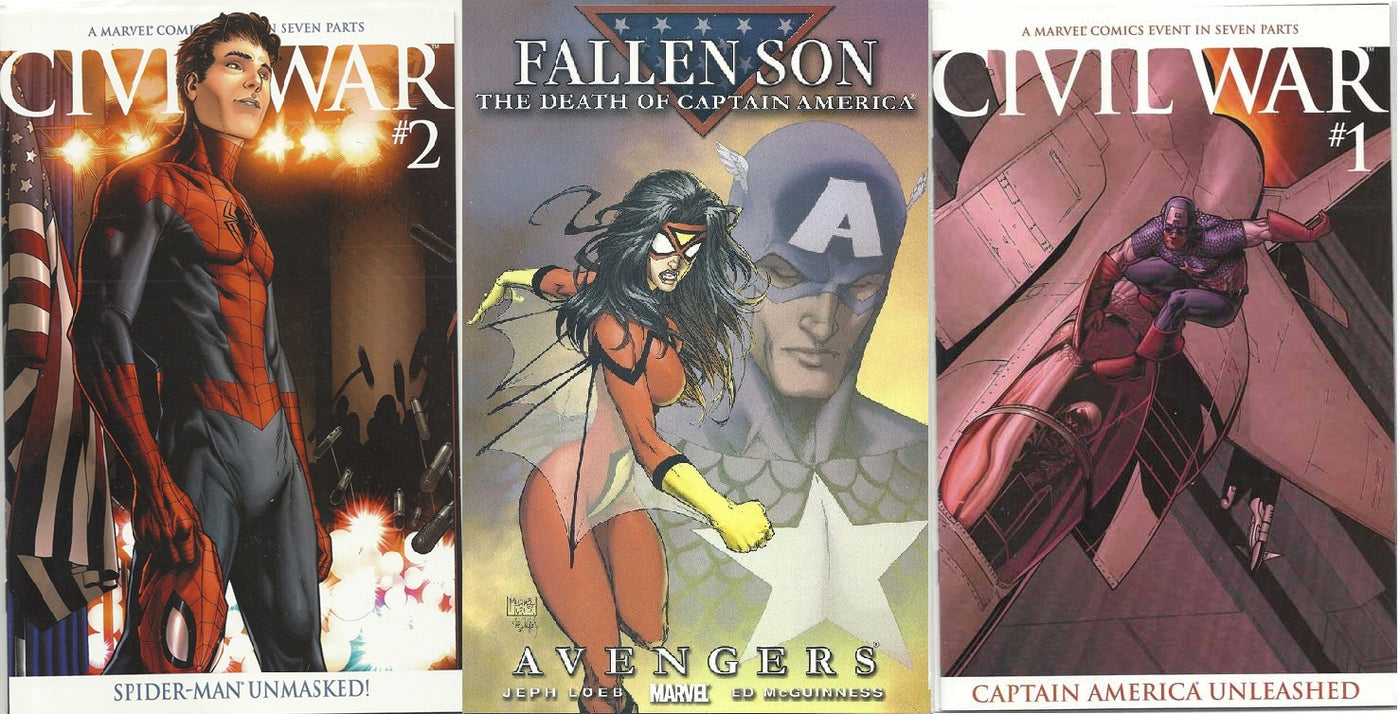 Marvel Comics Civil War series collections with variant covers of Spider-Man, Spider-Woman and Captain America.