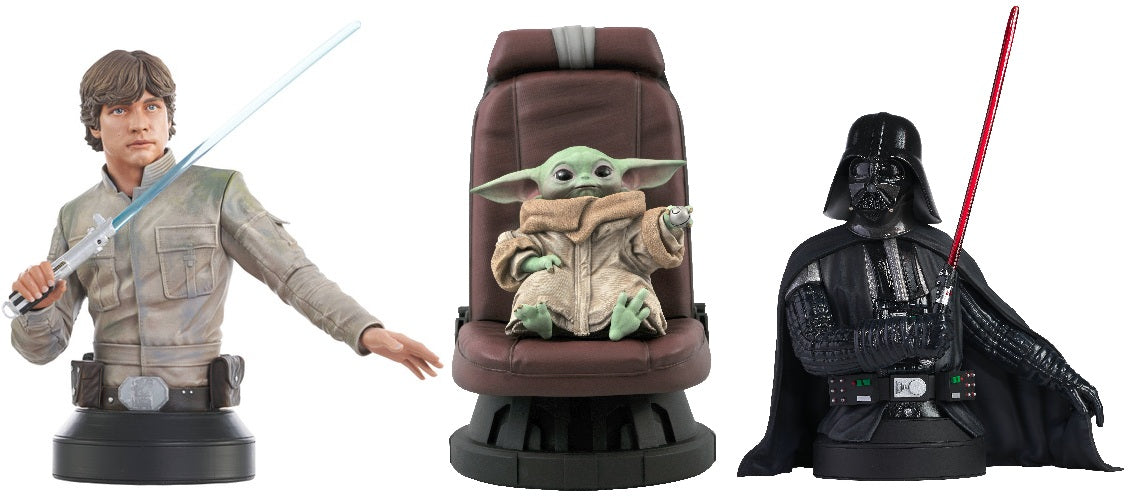 Star Wars statues, busts and collectibles of Luke Skywalker, The Mandalorian The Child Grogu Baby Yoda and Darth Vader.